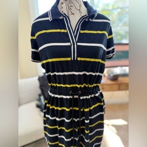 Jones New York Navy and Yellow Striped drawstring casual dress.